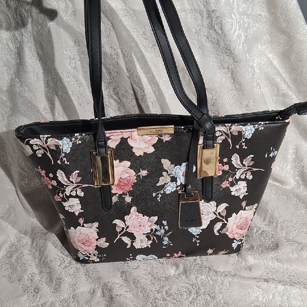 Aldo Tote Black & Pink Floral With Gold Accents